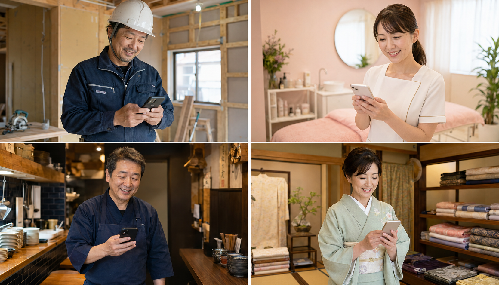 LINEで会話するだけでHPが育つオンライン屋 — 建築業・エステサロン・飲食店・呉服屋など地域中小企業の経営者が、それぞれの仕事場でスマートフォンを使って気軽に更新している様子
